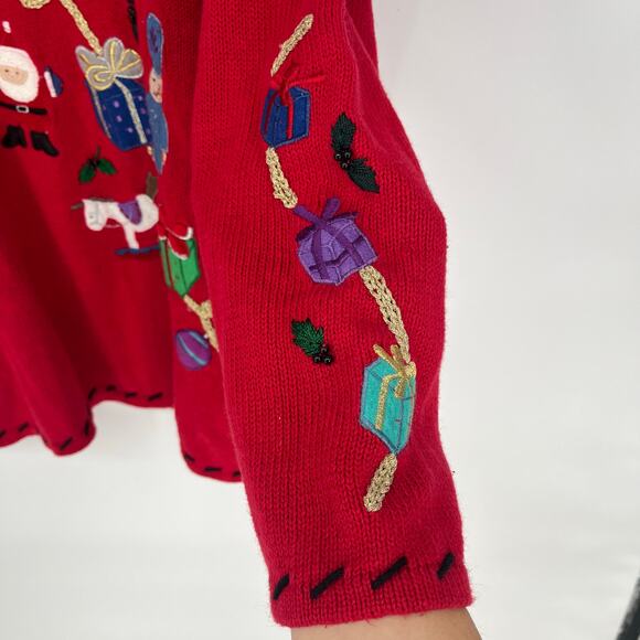 Vintage Red Christmas Sweater Embroidered Santa Toys Gifts Holiday Pullover - Picture 9 of 11